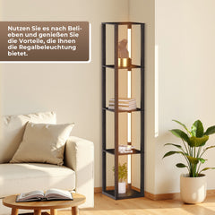 Hengda Stehlampe mit Holzregal, Bücherregal mit LED-Beleuchtung, 360° Drehbare RGB LED Stehleuchte Wohnzimmer, 3 Farbtemperaturen, 20W & 163 cm Höhe