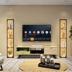 Hengda Stehlampe mit Holzregal, Bücherregal mit LED-Beleuchtung, 360° Drehbare RGB LED Stehleuchte Wohnzimmer, 3 Farbtemperaturen, 20W & 163 cm Höhe