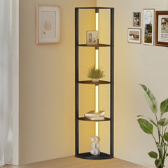 Hengda Stehlampe mit Holzregal, Bücherregal mit LED-Beleuchtung, 360° Drehbare RGB LED Stehleuchte Wohnzimmer, 3 Farbtemperaturen, 20W & 163 cm Höhe