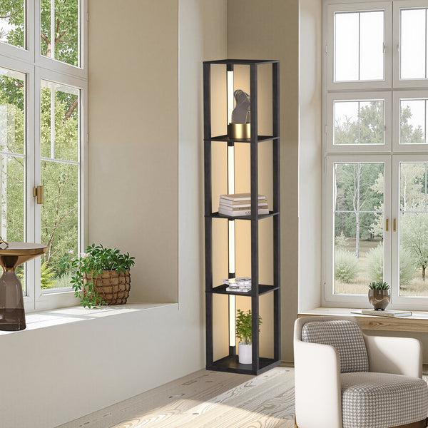 Hengda Stehlampe mit Holzregal, Bücherregal mit LED-Beleuchtung, 360° Drehbare RGB LED Stehleuchte Wohnzimmer, 3 Farbtemperaturen, 20W & 163 cm Höhe