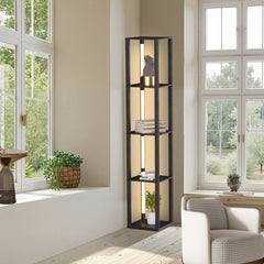 Hengda Stehlampe mit Holzregal, Bücherregal mit LED-Beleuchtung, 360° Drehbare RGB LED Stehleuchte Wohnzimmer, 3 Farbtemperaturen, 20W & 163 cm Höhe