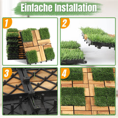 Hengda Holzfliesen aus Akazien Holz, Balkonfliesen mit Künstlichem Gras, Dekorationsbodenmatte