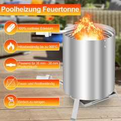 Hengda Poolheizung mit Feuer und Heizspirale, mit Feuerfestmatten und Tablett, Poolheizung Feuertonne, 100% rostfreier Edelstahl Schwimmbadheizung Ø 36/38 mm Anschlüsse