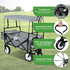 Bollerwagen Faltbar mit Dach 360 Grad drehbaren Rädern, 96 L Handwagen mit Verstellbarem Griff mit Herausnehmbare Plane, Strandwagen Gartenwagen Transportwagen Bollerwagen Kinder 100KG Tragkraft
