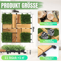Hengda Holzfliesen aus Akazien Holz, Balkonfliesen mit Künstlichem Gras, Dekorationsbodenmatte