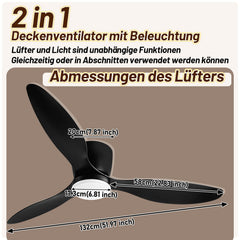 Hengda Deckenventilator Mit Beleuchtung, 132cm, LED Ventilator Deckenlampe, Umkehrsfunktion, 6 Geschwindigkeiten