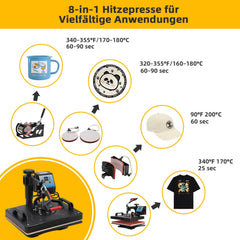 Hengda 8 in 1 Transferpresse, Heißpresse 38x30cm, T-Shirtpresse