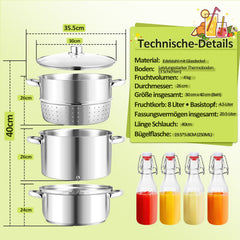 Hengda Dampfentsafter Saftpresse Edelstahl Induktion Dampf Juicer 8 Liter Ø 26cm 8L, mit 4 Bügelflasche