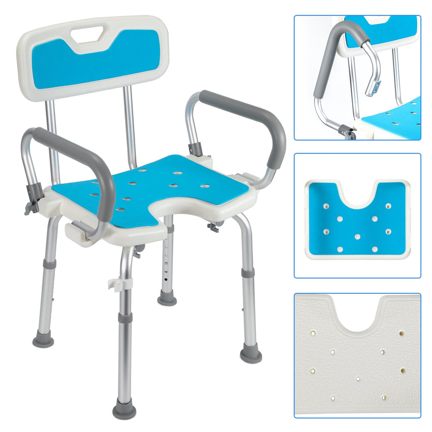 Hengda Duschstuhl mit abnehmbaren Armen und Rückenlehne, Duschhocker für senioren, Höhenverstellbar 56-69cm, bis 136 kg belastbar