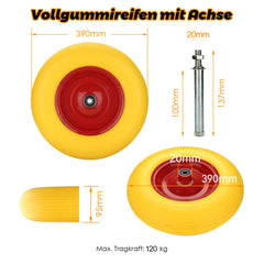 Hengda Schubkarrenrad PU Vollgummi Reifen mit Achse 4.80 4.00-8 Ø 390mm Gummirad, pannensicher, bis 200 kg