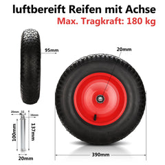 Hengda Schubkarrenrad, 4.80/4.00-8 - 200 kg Tragkraft, Gummirad mit Achse & Kugellager, Ø 390 95mm Ersatzrad Luftreifen für Gartenkarren