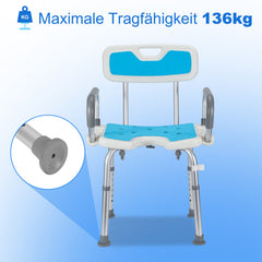 Hengda Duschstuhl mit abnehmbaren Armen und Rückenlehne, Duschhocker für senioren, Höhenverstellbar 56-69cm, bis 136 kg belastbar