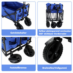 Hengda Bollerwagen faltbar Transportkarre Gerätewagen mit 360 Grad drehbaren Rädern, 96L 100KG Tragkraft, Seitentasche Getränkehalter verstellbarem Griff