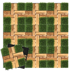 Hengda Holzfliesen aus Akazien Holz, Balkonfliesen mit Künstlichem Gras, Dekorationsbodenmatte