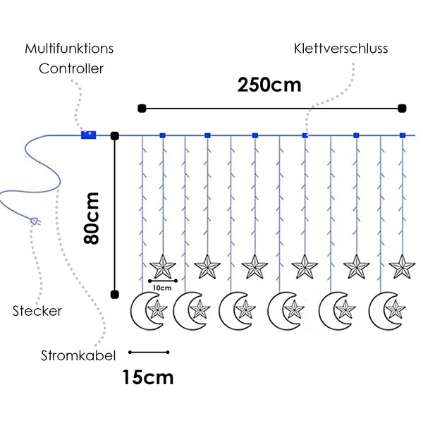 Hengda Stern Mond Vorhang Licht, LED Lichterketten, Warmweiß LED String Licht mit 8 Modi Dimmbar, 138 LEDs Lichterkettenvorhang, IP44 Wasserfest, für Weihnachten, Party, Hochzeit, Garten