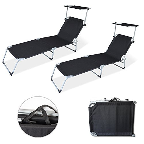 2x Schwarz Klappbar Gartenliege mit Sonnendach Sonnenliege