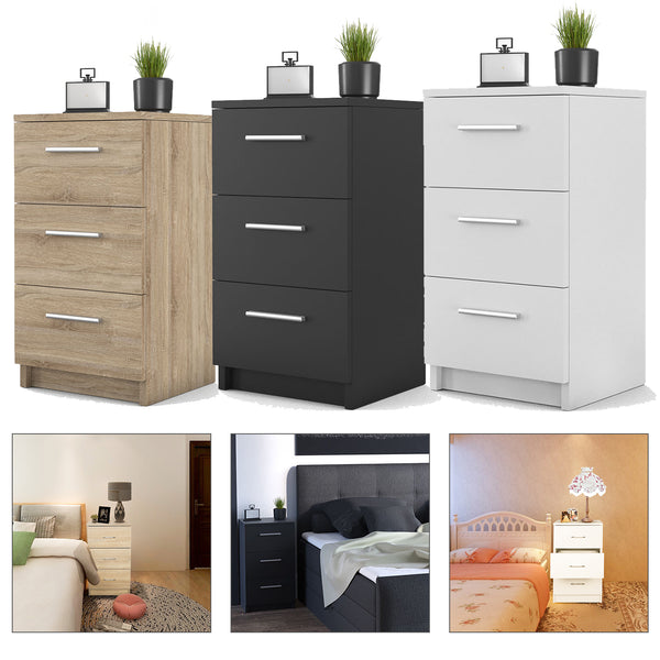 Wolketon Schwarz Nachttisch mit 3 Schubladen Sideboard Nachtschrank 38x35x66cm