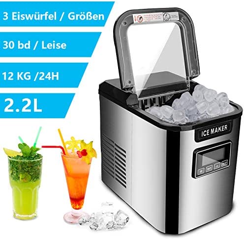 Eiswürfelmaschine Edelstahl, 3 Eiswürfel-Größen, Selbstreinigungsfunktion, 2,2 L Wassertank