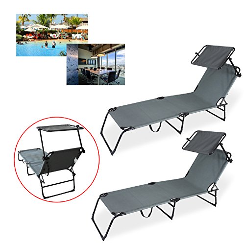 2x Grau Klappbar Gartenliege mit Sonnendach Sonnenliege