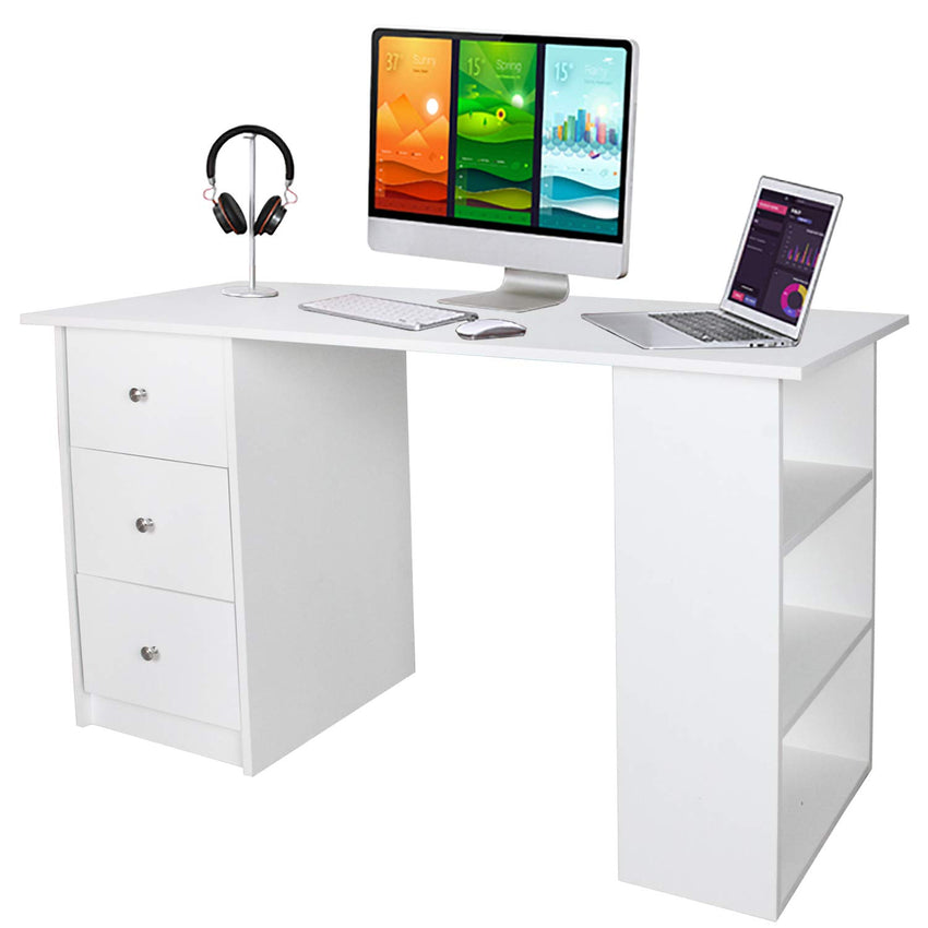 Hengda Schreibtisch Computertisch Bürotisch Arbeitstisch PC Tisch mit DREI Fächer und DREI Schubladen Weiß 120 x 49 x 72 cm