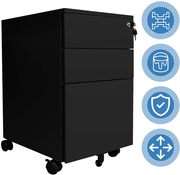 Hengda Stahl Rollcontainer Schwarz mit 3 Schubladen und Abschließbarer Mobiler Aktenschrank Müssen zusammenbauen 65 x 39 x 50 cm