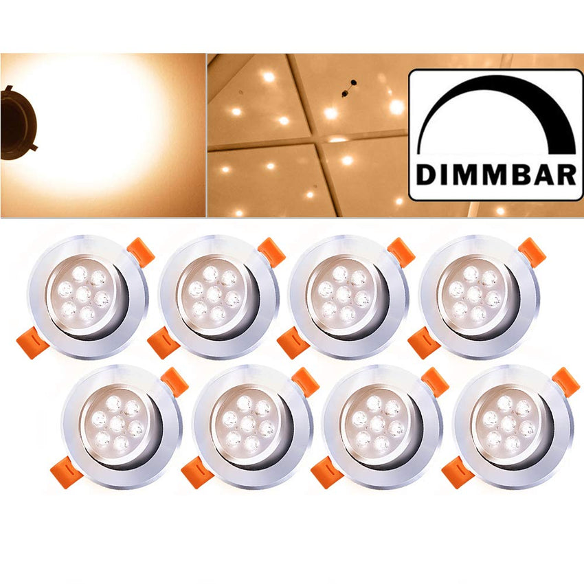 Hengda® 8 Stück LED Einbaustrahler Dimmbar Warmweiss 7W LED Einbauspots, Round, Aluminium