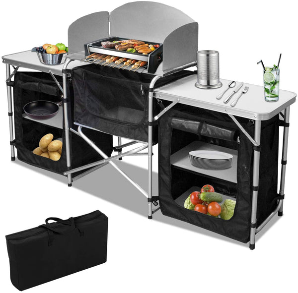 Campingküche mit Aluminiumgestell, Spritzschutz und Tragetasche