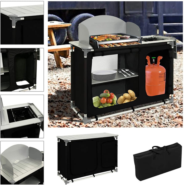 Hengda Campingküche mit Aluminiumgestell, Spritzschutz und Tragetasche，Outdoor Campingschrank Windschutz