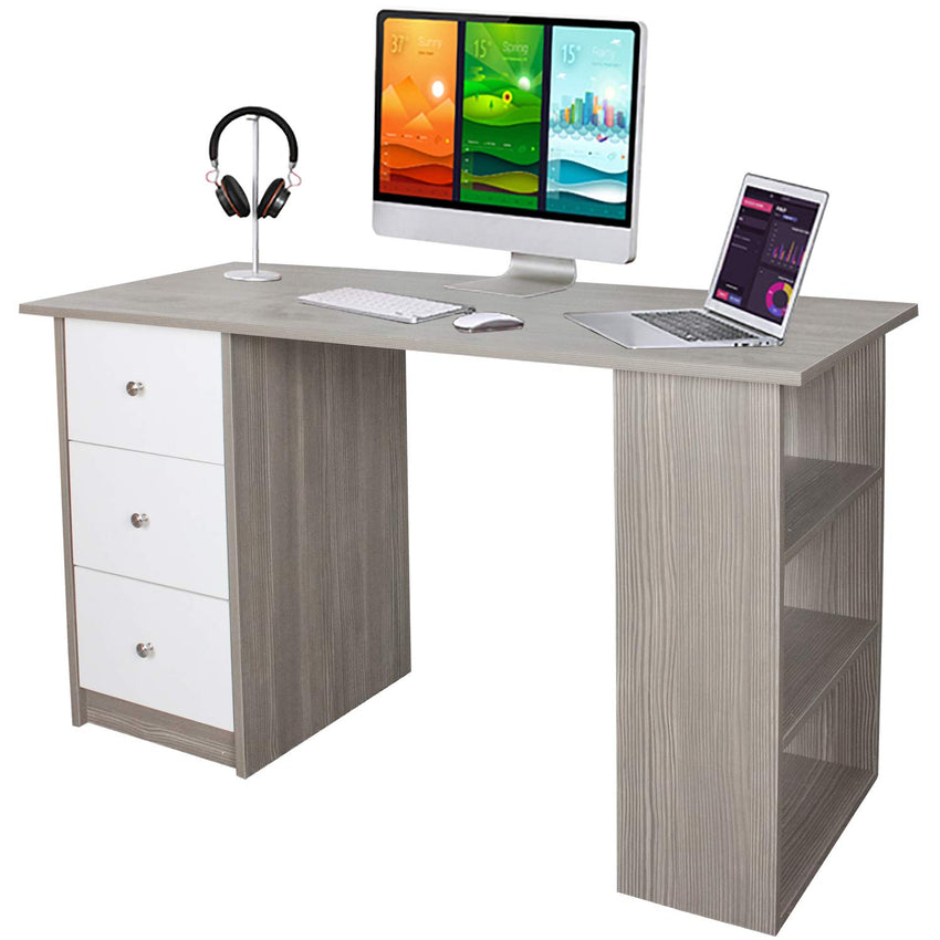 Hengda Schreibtisch Computertisch Arbeitstisch Bürotisch PC Tisch, mit DREI Fächer und DREI Schubladen, für Familie, Büro (Weiß - grau) 120 x 49 x 72 cm