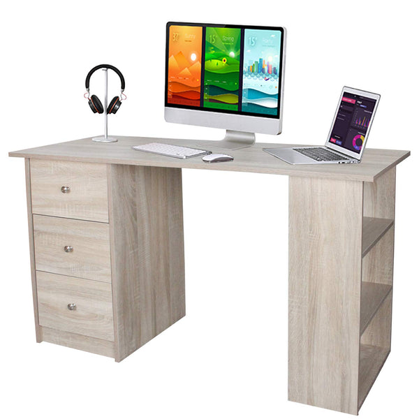 Hengda moderner Schreibtisch computertisch Holzfarbe mit 3 Schublade und 3 Regal, 120 x 49 x 72 cm, Holzoptik