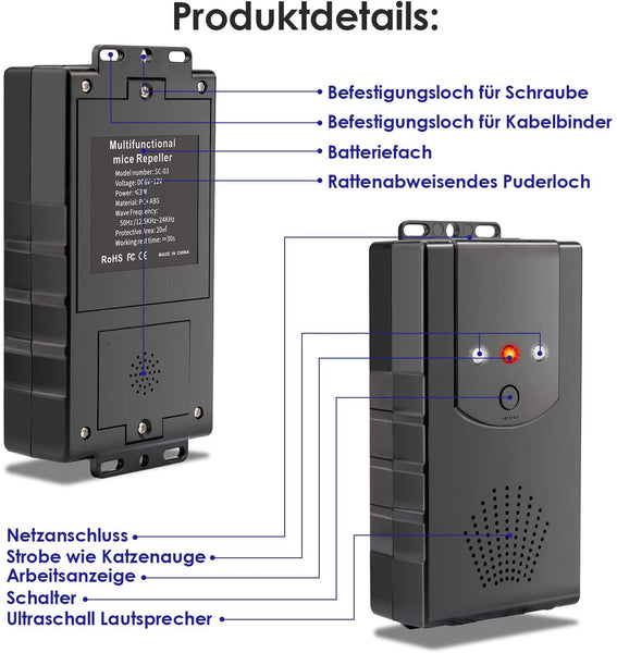 Hengda Marderschreck Marderschutz für Haus und Auto Anschluss an 12V Autobatterie