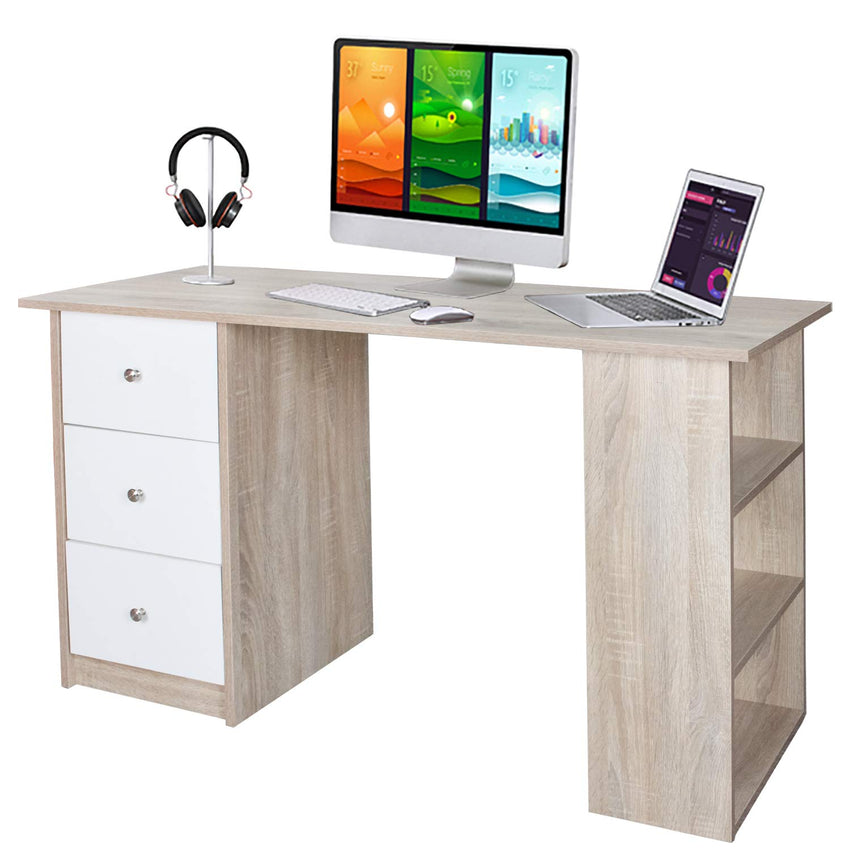 Hengda Schreibtisch Computertisch moderner Bürotisch mit 3 Schubladen 3 Regale, 120 x 49 x 72 cm(Weißes Holzfarbe)