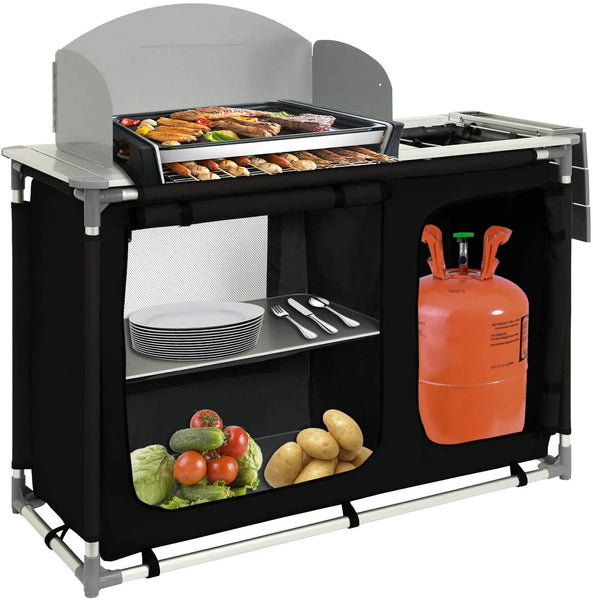 Hengda Campingküche mit Aluminiumgestell, Spritzschutz und Tragetasche，Outdoor Campingschrank Windschutz