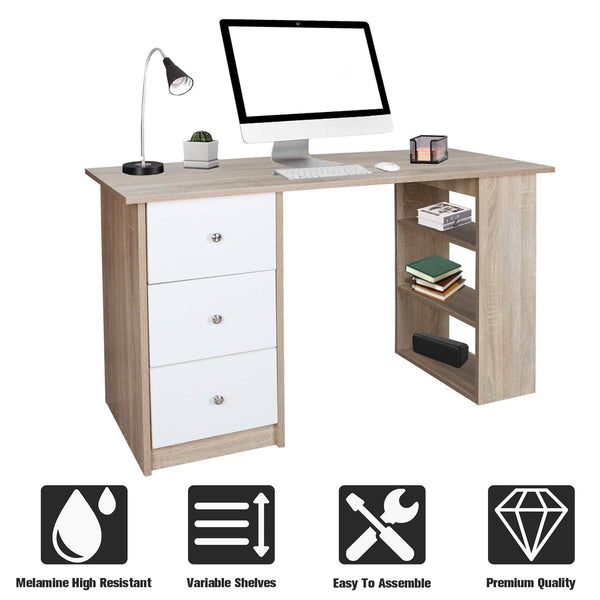 Hengda Schreibtisch Computertisch moderner Bürotisch mit 3 Schubladen 3 Regale, 120 x 49 x 72 cm(Weißes Holzfarbe)