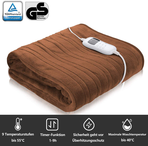 Wolketon Braun Kuschelheizdecke Heizdecke 9 Leistungsstufen Timer Funktion