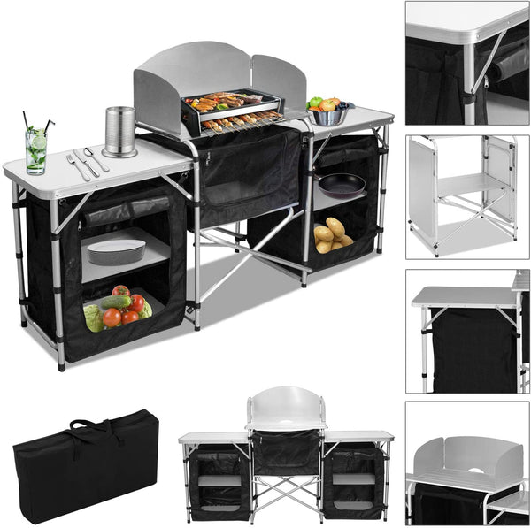 Campingküche mit Aluminiumgestell, Spritzschutz und Tragetasche