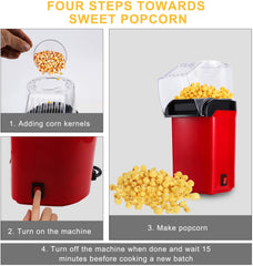 Hengda Popcornmaschine 1200W Popcornmaschine für Zuhause,Retro Popcorn Maker Heissluft Fettfrei Ölfrei abnehmbare obere Abdeckung l Retro Rot