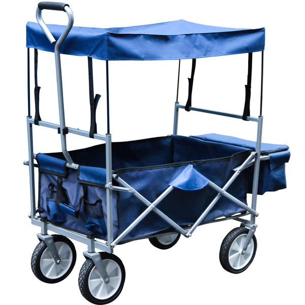 Faltbarer Bollerwagen mit Dach Transportkarre Belastbar bis 80kg, 360 ° Blau