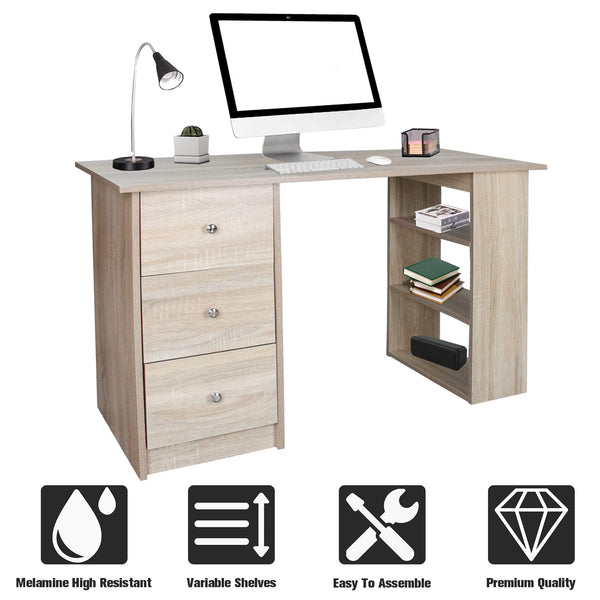 Hengda moderner Schreibtisch computertisch Holzfarbe mit 3 Schublade und 3 Regal, 120 x 49 x 72 cm, Holzoptik