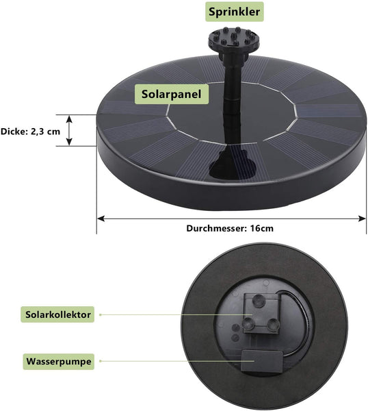Solar Springbrunnen, Solar Teichpumpe Garten Wasserpumpe mit 1.5W Monokristalline Solar Panel