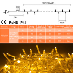 Hengda LED Lichterkette Aussen, 60m 600LEDs mit ferngesteuertem Timer, 8 Leuchtmode, IP44,Außenlichterkette Deko Beleuchtung Weihnachtsbeleuchtung für Weihnachten Halloween Hochzeit, Kaltes Weiß
