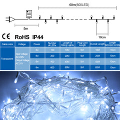 Hengda LED Lichterkette Aussen, 60m 600LEDs mit ferngesteuertem Timer, 8 Leuchtmode, IP44,Außenlichterkette Deko Beleuchtung Weihnachtsbeleuchtung für Weihnachten Halloween Hochzeit, Kaltes Weiß