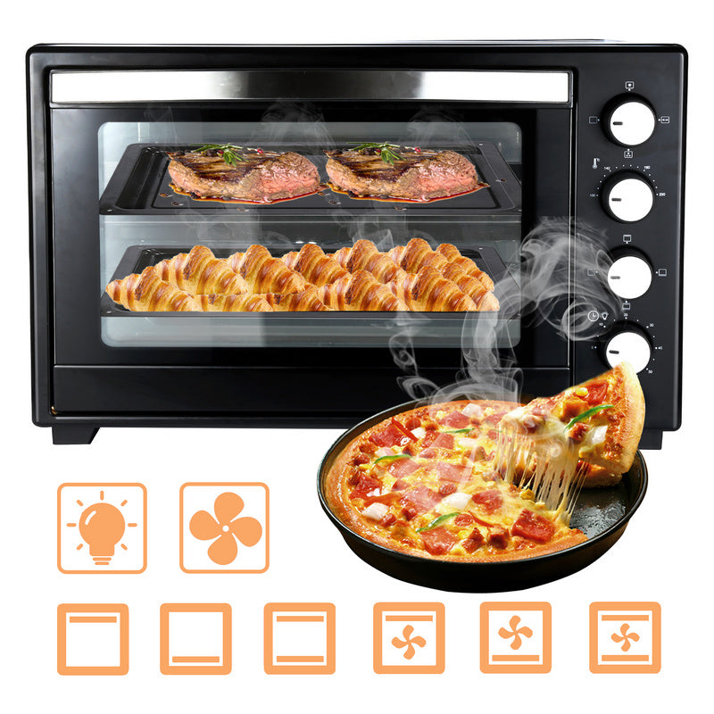 Hengda Schwarz Backen 48L Pizza-Ofen elektrischer Grill mit Grillrost Anti-Rost 2000W Umluft Pizzaofen mit Timer
