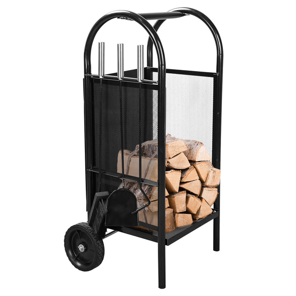 3-Teiliges Kaminholzwagen XL Schwarz 2 Räder edelstahl Trolley