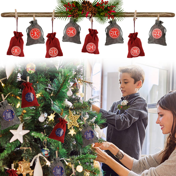 Hengda 24 Adventskalender zum Befüllen Stoffbeutel Weihnachten Geschenksäckchen mit Aufkleber Mini-Holzklammern Hanfseile Weihnachtskalender tüten Geschenkbeutel 22 x 15 cm