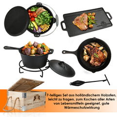 Hengda Dutch Oven Feuertopf Gusseisen Profi Set mit Füßen Gusstopf(4.5qt, 9qt, 7-teiliges Dutch Oven Set)
