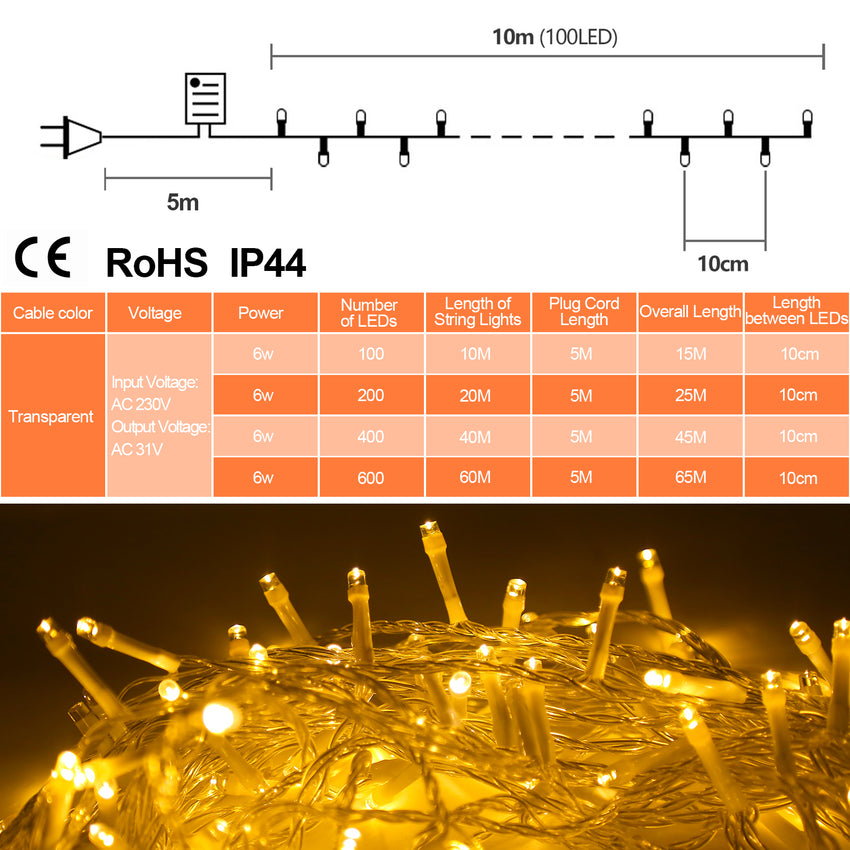 Hengda LED Lichterkette Aussen, 60m 600LEDs mit ferngesteuertem Timer, 8 Leuchtmode, IP44,Außenlichterkette Deko Beleuchtung Weihnachtsbeleuchtung für Weihnachten Halloween Hochzeit, Kaltes Weiß