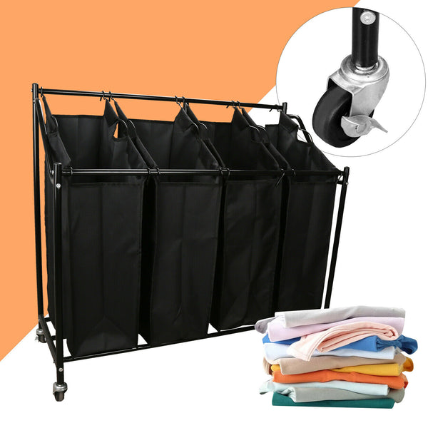 140L Wäschesammler Wäschesortierer Wäschewagen mit 4 Fächer