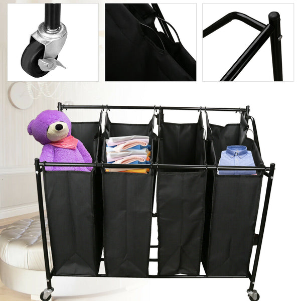 140L Wäschesammler Wäschesortierer Wäschewagen mit 4 Fächer