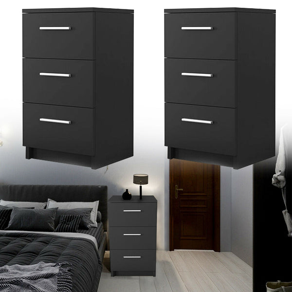 Wolketon Schwarz Nachttisch mit 3 Schubladen Sideboard Nachtschrank 38x35x66cm